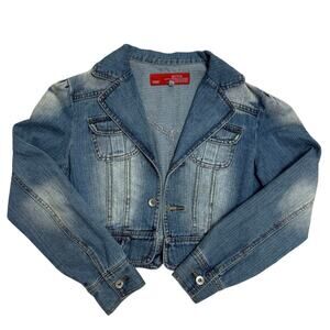 Y2K Style Moda Denim Crop Jacket 💙 Faded Look • Bow‑Back Detail • Size L